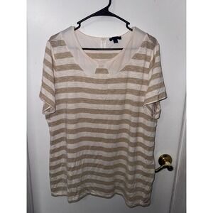 Tommy Hilfiger Womens 1X Gold Metallic Striped Peter Pan Collar Top White Blouse